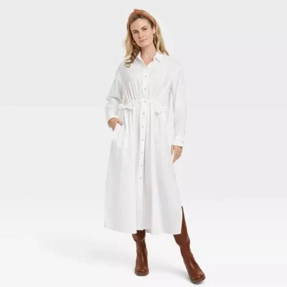 Universal Thread White Long Sleeve Button Down Maxi Shirt Dress with Side Slits